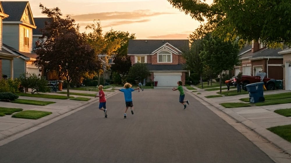 Childern playing in street of a suburban neighborhood at sunset