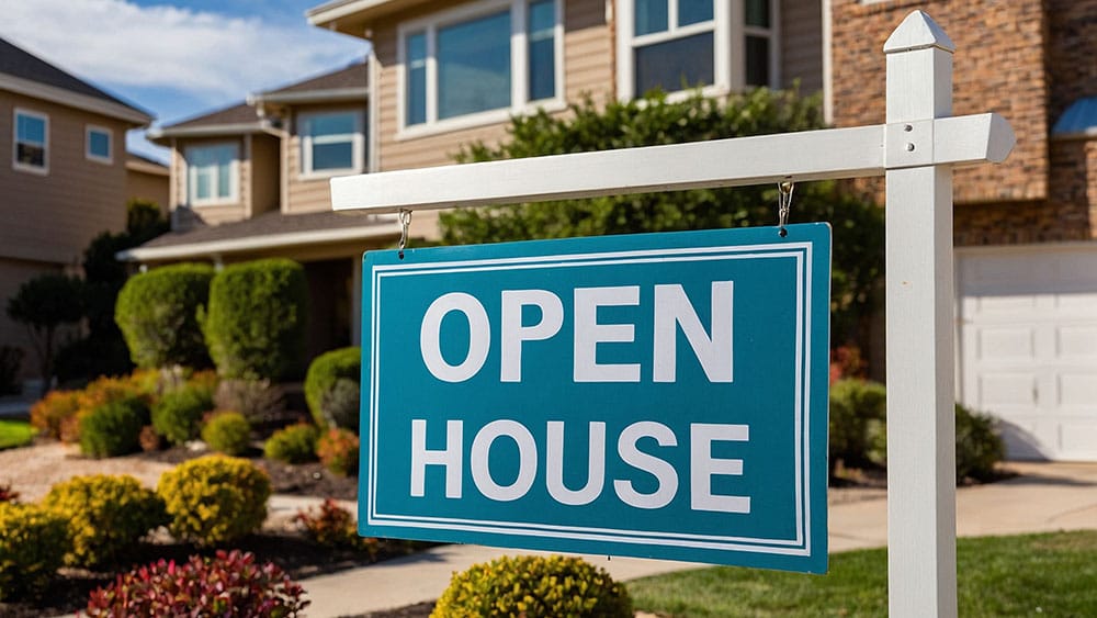 Open house sign in front of a home for sale