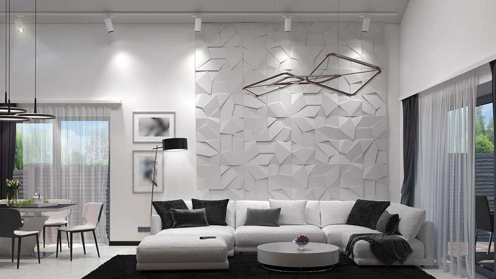 An accent wall of 3-D panels brings a touch of elegance to this living room.
