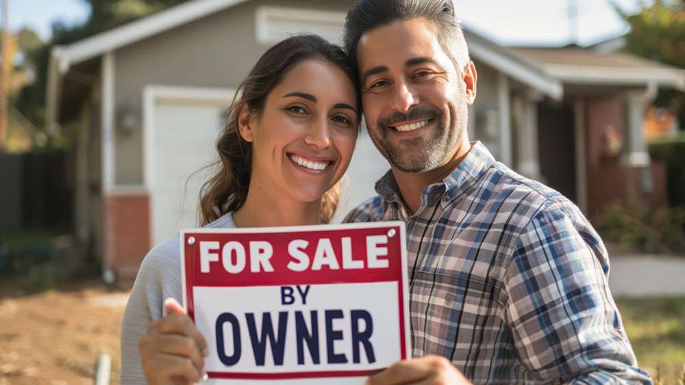 Happy, smiling couple holds a "for sale by owner" sign in front of their home