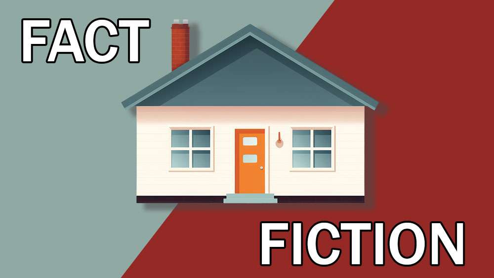 Cartoon illustration of a house split between a green-gray 'FACT' background and a red 'FICTION' background, representing real estate myths debunked.