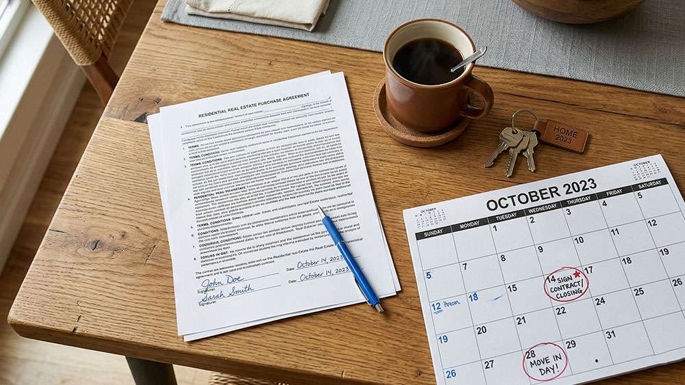 A real estate contract on a table with a set of house keys, a calendar with circled dates, and a cup of coffee.