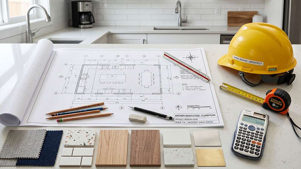 A kitchen countertop with blueprints, pencils, material swatches, a tape measure, a calculator, and a yellow hard hat
