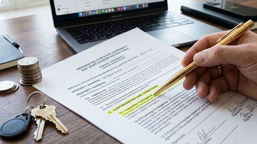 A real estate purchase agreement with the "Contingencies" section highlighted.