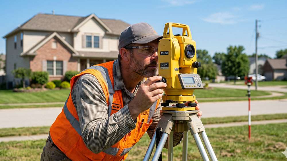 A land surveyor using a yellow total station transit level in a suburban neighborhood