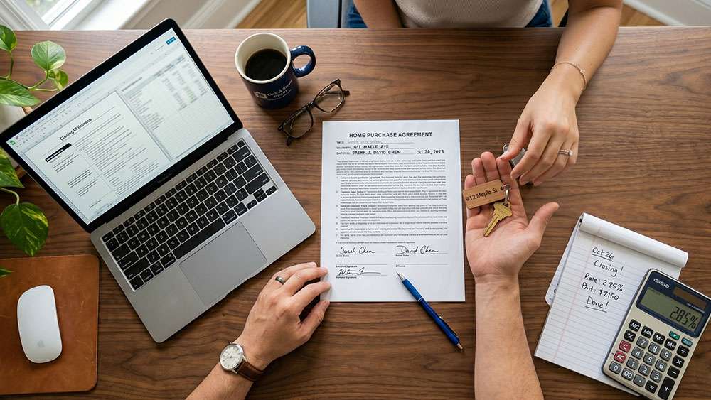A signed home purchase agreement on a desk with the keys being handed to the buyer