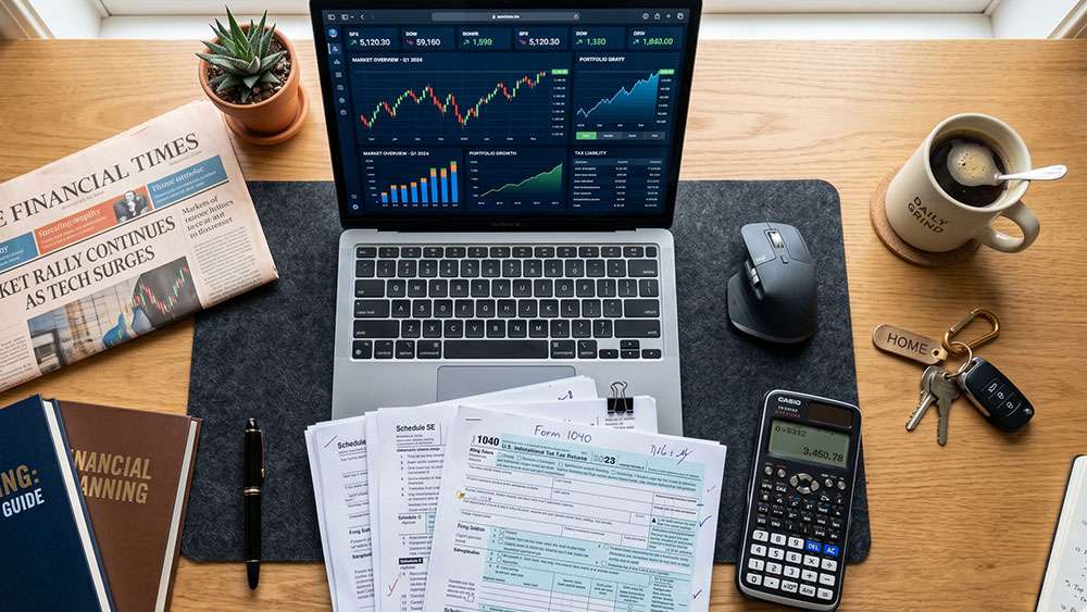 A modern office desk with a laptop and tax returns.