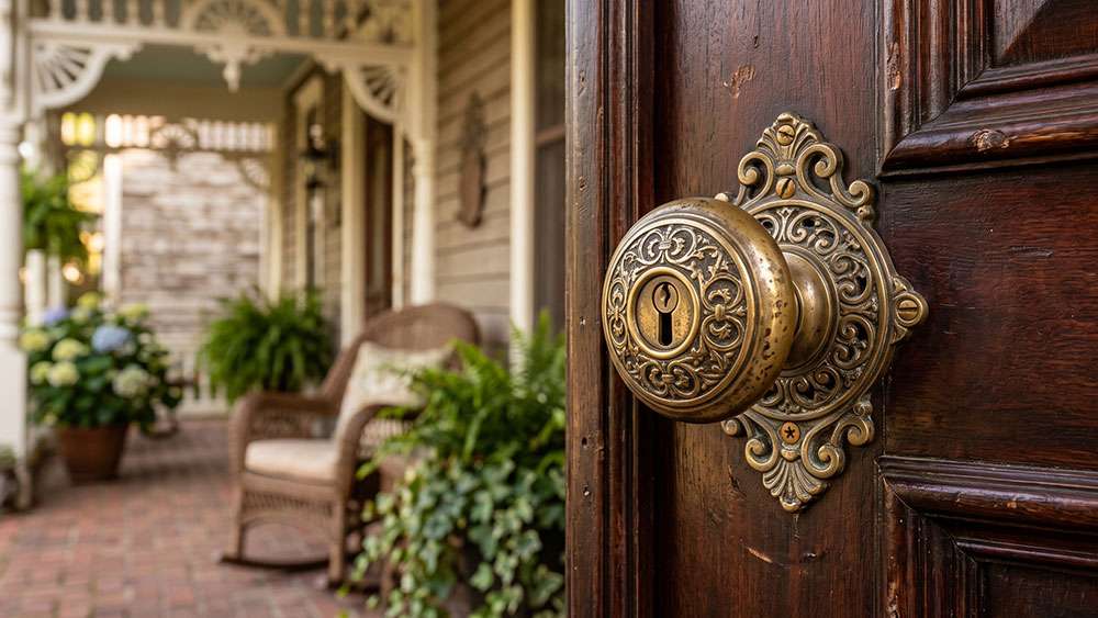 An ornate, antique brass doorknob on a wooden door opening onto a beautifully preserved Victorian porch