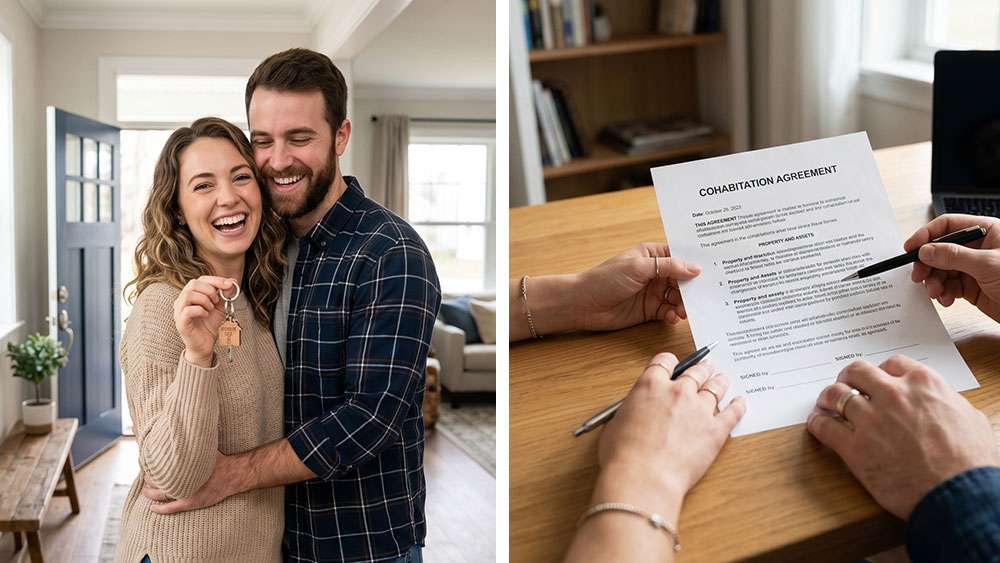 Split-screen image showing a happy couple holding keys on one side, and a pair of hands reviewing a cohabitation agreement on the other side.