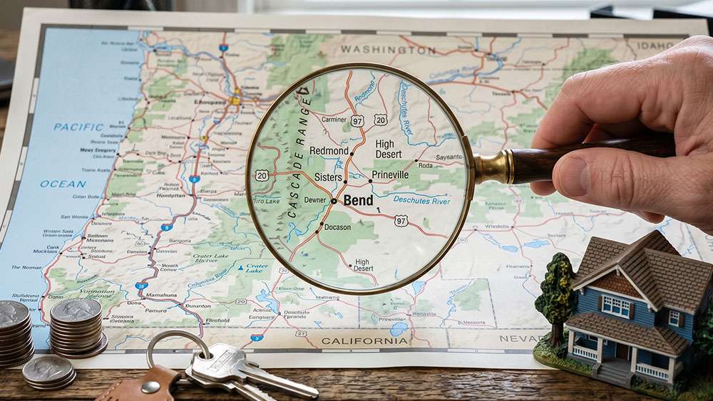 Hand holding a magnifying glass over a map