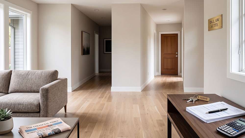Home interior with a bright open-concept living area and two distinct hallways